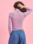 Pink printed long-sleeve bodysuit from Project Soma x Barbie collection with all-over monogram pattern and fitted silhouette for bold fashion looks — ροζ printed γυναικείο bodysuit Project Soma x Barbie με μοτίβο monogram και εφαρμοστή γραμμή για statement outfits. Διαθέσιμο στο Iconic Angels Glyfada.