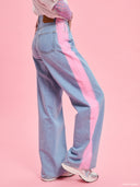 Light blue straight-leg jeans from Project Soma x Barbie collection with pink side stripe detail for modern sporty styling — γυναικείο τζιν Project Soma x Barbie σε ανοιχτό μπλε με ροζ πλαϊνή ρίγα και straight γραμμή για μοντέρνα casual looks. Διαθέσιμο στο Iconic Angels Glyfada.