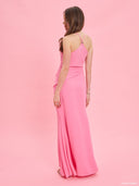 Pink strapless evening dress from Project Soma x Barbie collection with draped silhouette and subtle sparkle details for elegant statement looks — ροζ strapless maxi φόρεμα Project Soma x Barbie με draped γραμμή και διακριτικές λάμψεις για εντυπωσιακές εμφανίσεις. Διαθέσιμο στο Iconic Angels Glyfada.