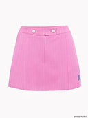 Pink pinstripe tailored shorts from Project Soma x Barbie collection with embroidered logo and structured silhouette for playful chic styling — ροζ ριγέ γυναικείο σορτς Project Soma x Barbie με κεντημένο logo και tailored γραμμή για μοντέρνα summer looks. Διαθέσιμο στο Iconic Angels Glyfada.