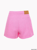 Pink pinstripe tailored shorts from Project Soma x Barbie collection with embroidered logo and structured silhouette for playful chic styling — ροζ ριγέ γυναικείο σορτς Project Soma x Barbie με κεντημένο logo και tailored γραμμή για μοντέρνα summer looks. Διαθέσιμο στο Iconic Angels Glyfada.