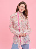 Pink terrazzo print oversized shirt from Project Soma x Barbie collection with statement tie scarf detail for playful fashion styling — γυναικείο oversized πουκάμισο Project Soma x Barbie με ροζ terrazzo print και statement γραβάτα για μοντέρνα playful looks. Διαθέσιμο στο Iconic Angels Glyfada.