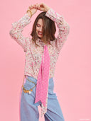 Pink terrazzo print oversized shirt from Project Soma x Barbie collection with statement tie scarf detail for playful fashion styling — γυναικείο oversized πουκάμισο Project Soma x Barbie με ροζ terrazzo print και statement γραβάτα για μοντέρνα playful looks. Διαθέσιμο στο Iconic Angels Glyfada.