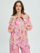 Project Soma floral shirt in pink and yellow tones with lightweight sheer fabric, featuring button-up front, relaxed fit and side tie details for feminine statement styling — γυναικείο Project Soma floral πουκάμισο σε ροζ και κίτρινες αποχρώσεις με ανάλαφρη διάφανη υφή, με κουμπιά και πλαϊνά δεσίματα για εντυπωσιακά θηλυκά looks.