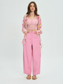 Project Soma floral shirt in pink and yellow tones with lightweight sheer fabric, featuring button-up front, relaxed fit and side tie details for feminine statement styling — γυναικείο Project Soma floral πουκάμισο σε ροζ και κίτρινες αποχρώσεις με ανάλαφρη διάφανη υφή, με κουμπιά και πλαϊνά δεσίματα για εντυπωσιακά θηλυκά looks.