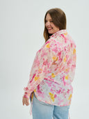 Project Soma floral shirt in pink and yellow tones with lightweight sheer fabric, featuring button-up front, relaxed fit and side tie details for feminine statement styling — γυναικείο Project Soma floral πουκάμισο σε ροζ και κίτρινες αποχρώσεις με ανάλαφρη διάφανη υφή, με κουμπιά και πλαϊνά δεσίματα για εντυπωσιακά θηλυκά looks.