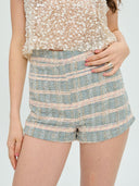 Project Soma tweed-style shorts in pastel blue and pink tones with textured woven fabric, featuring a high-waisted fit and tailored silhouette for chic summer and elevated casual looks — γυναικείο Project Soma σορτς σε tweed υφή σε γαλάζιους και ροζ τόνους, με ψηλόμεση εφαρμογή και κομψή γραμμή για καλοκαιρινά looks.
