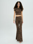 Project Soma brown cropped top with textured distressed-effect fabric and subtle shimmer detailing, featuring short sleeves, fitted silhouette and semi-sheer finish for edgy and statement evening looks — γυναικείο Project Soma καφέ cropped top με textured ύφανση και ελαφριά λάμψη, κοντό μανίκι και εφαρμοστή γραμμή για ιδιαίτερα βραδινά looks.