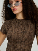 Project Soma brown cropped top with textured distressed-effect fabric and subtle shimmer detailing, featuring short sleeves, fitted silhouette and semi-sheer finish for edgy and statement evening looks — γυναικείο Project Soma καφέ cropped top με textured ύφανση και ελαφριά λάμψη, κοντό μανίκι και εφαρμοστή γραμμή για ιδιαίτερα βραδινά looks.