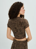 Project Soma brown cropped top with textured distressed-effect fabric and subtle shimmer detailing, featuring short sleeves, fitted silhouette and semi-sheer finish for edgy and statement evening looks — γυναικείο Project Soma καφέ cropped top με textured ύφανση και ελαφριά λάμψη, κοντό μανίκι και εφαρμοστή γραμμή για ιδιαίτερα βραδινά looks.