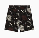 PUMA Sunset Drive relaxed shorts in black with tropical leaf and logo print, featuring a loose fit and lightweight fabric for casual summer wear — ανδρικό σορτς PUMA μαύρο με tropical print φύλλα και logos, σε relaxed γραμμή για άνετα καθημερινά καλοκαιρινά looks.