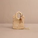 Χειροποίητη MANEBI natural raffia net mini tote bag with round handles and shoulder strap, γυναικεία ψάθινη τσάντα χειρός σε φυσική μπεζ απόχρωση, από το Iconic Angels Glyfada.