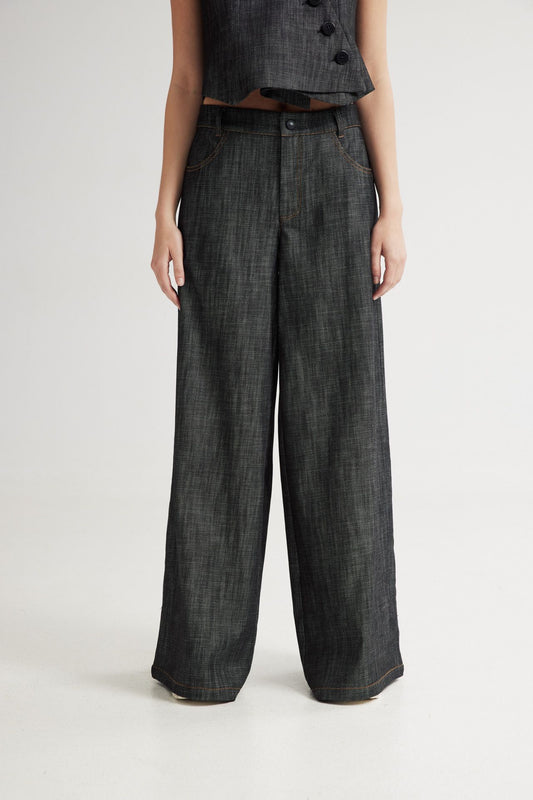 Tansy Black Denim Wide Pants